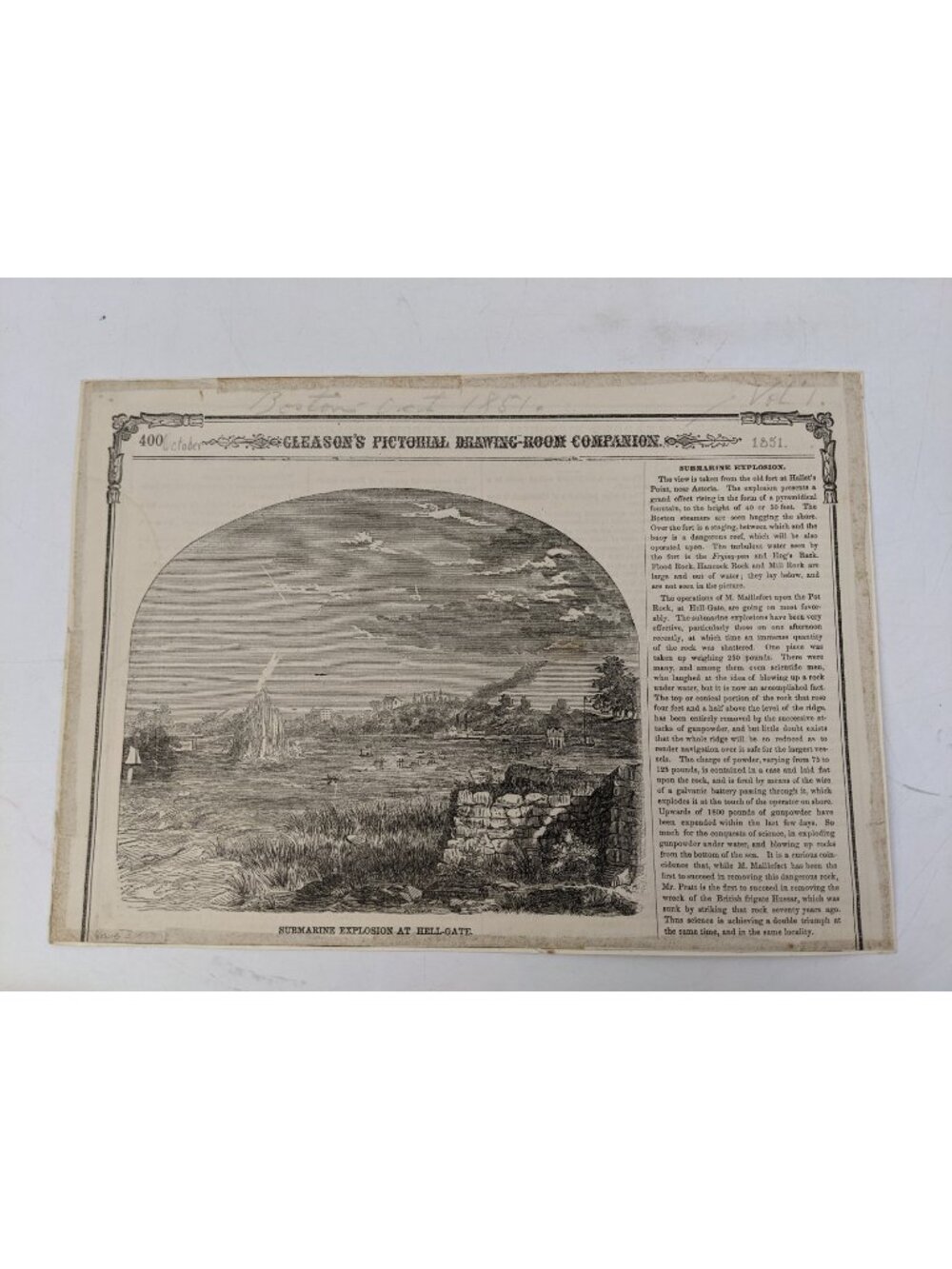 1851 Gleasons Pictorial Drwaing Room Companion Submarine Explosian Hell Gate